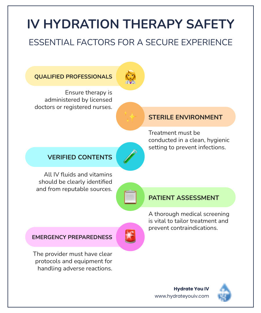 Infographic detailing IV hydration therapy safety factors, including proper administration, licensed professionals, sterile environment, and appropriate IV contents. - is iv hydration therapy safe infographic infographic-line-5-steps-colors
