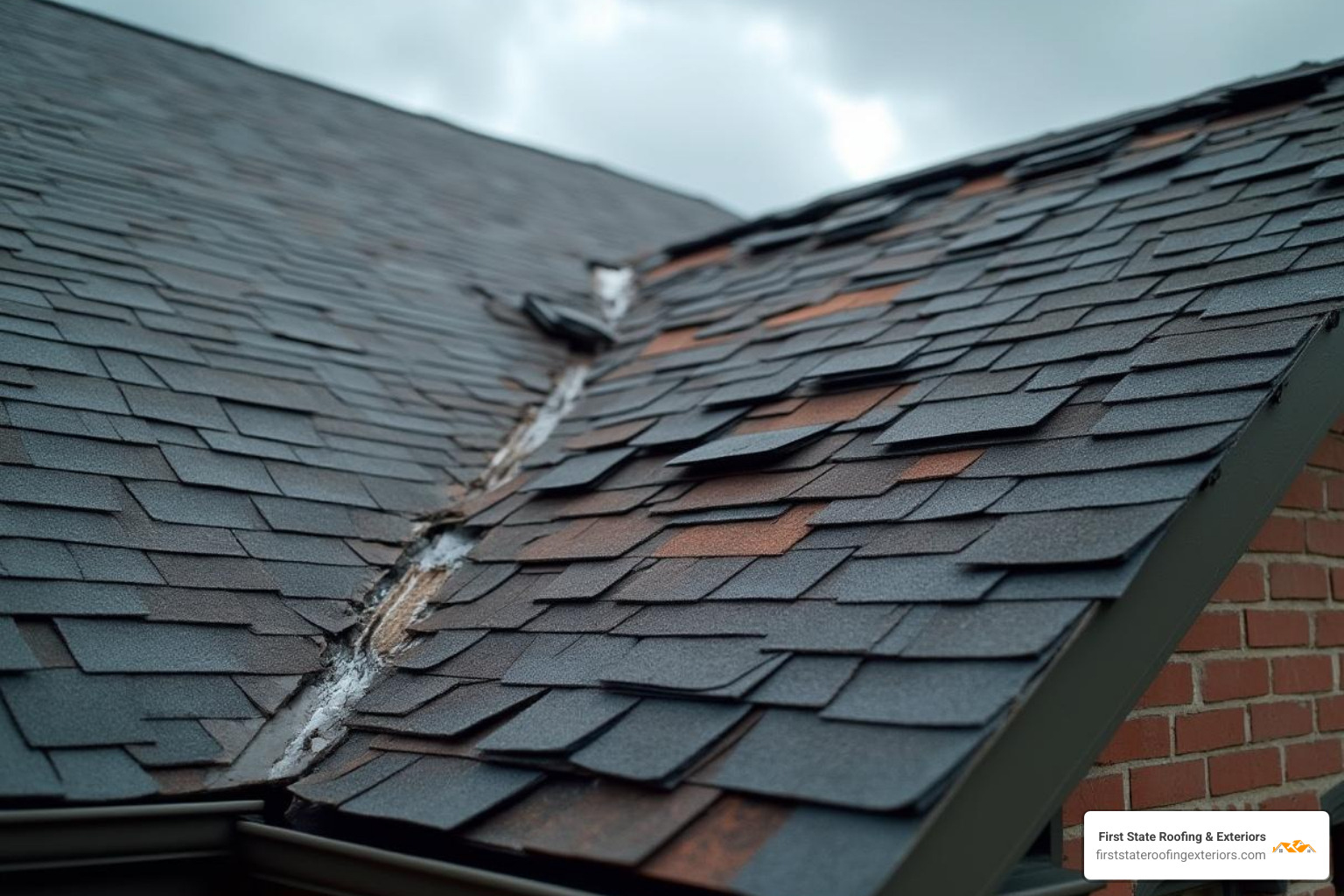 A roof with visible storm damage, showing missing shingles and potential structural issues, highlighting the need for immediate professional assessment. - roofing Delaware