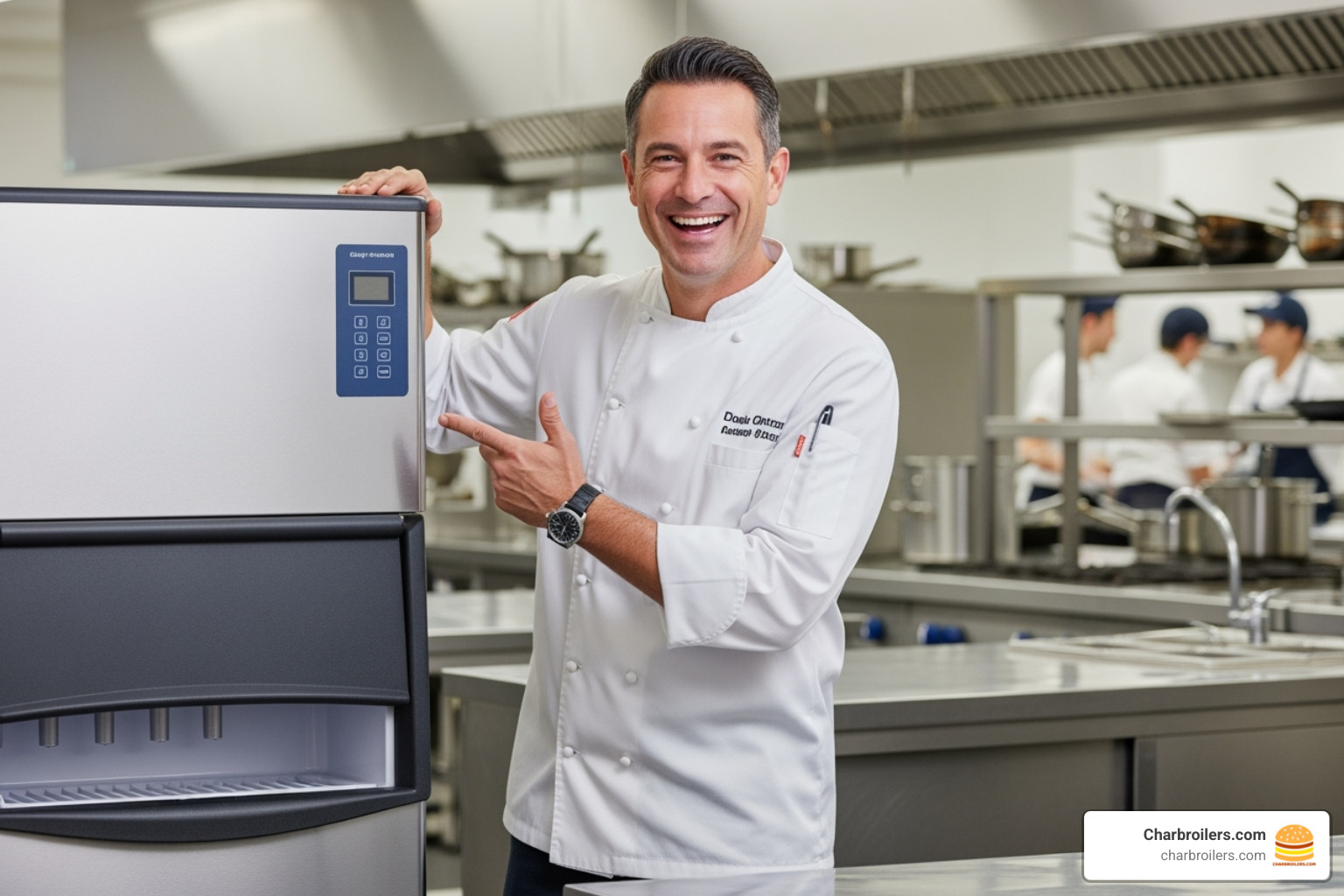 Business owner smiling next to their newly installed commercial ice machine - commercial ice machine rental