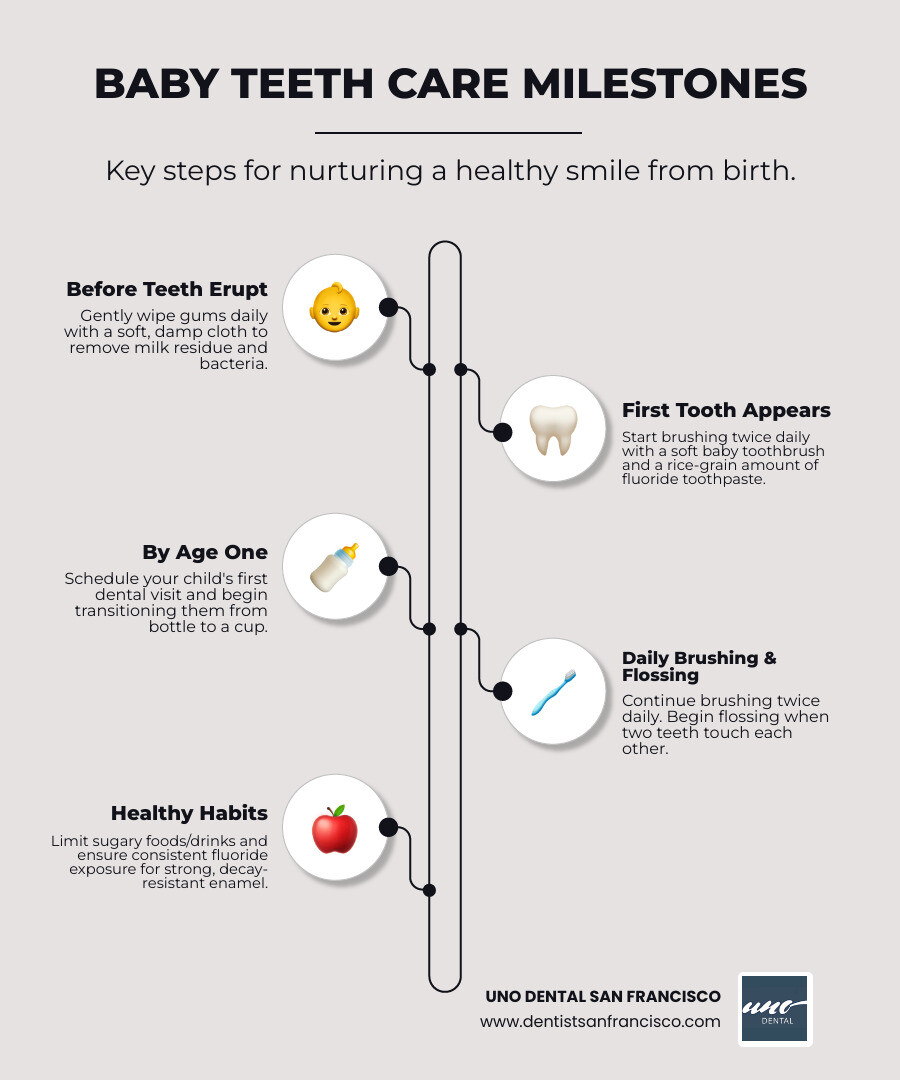 Infographic showing a timeline of baby tooth care milestones: 1. Before teeth (gum care), 2. First tooth (brushing with fluoride toothpaste), 3. By age 1 (first dental visit, transition to cup), 4. Ongoing (regular brushing, healthy diet, fluoride). - baby teeth care infographic infographic-line-5-steps-neat_beige