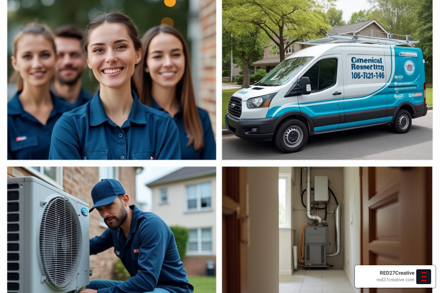 Collage showing examples of good HVAC photos: a professional team photo, a branded service van, a technician diligently working on an HVAC unit, and a newly installed, clean HVAC system - HVAC Google My Business Collage showing examples of good HVAC photos: a professional team photo, a branded service van, a technician diligently working on an HVAC unit, and a newly installed, clean HVAC system - HVAC Google My Business