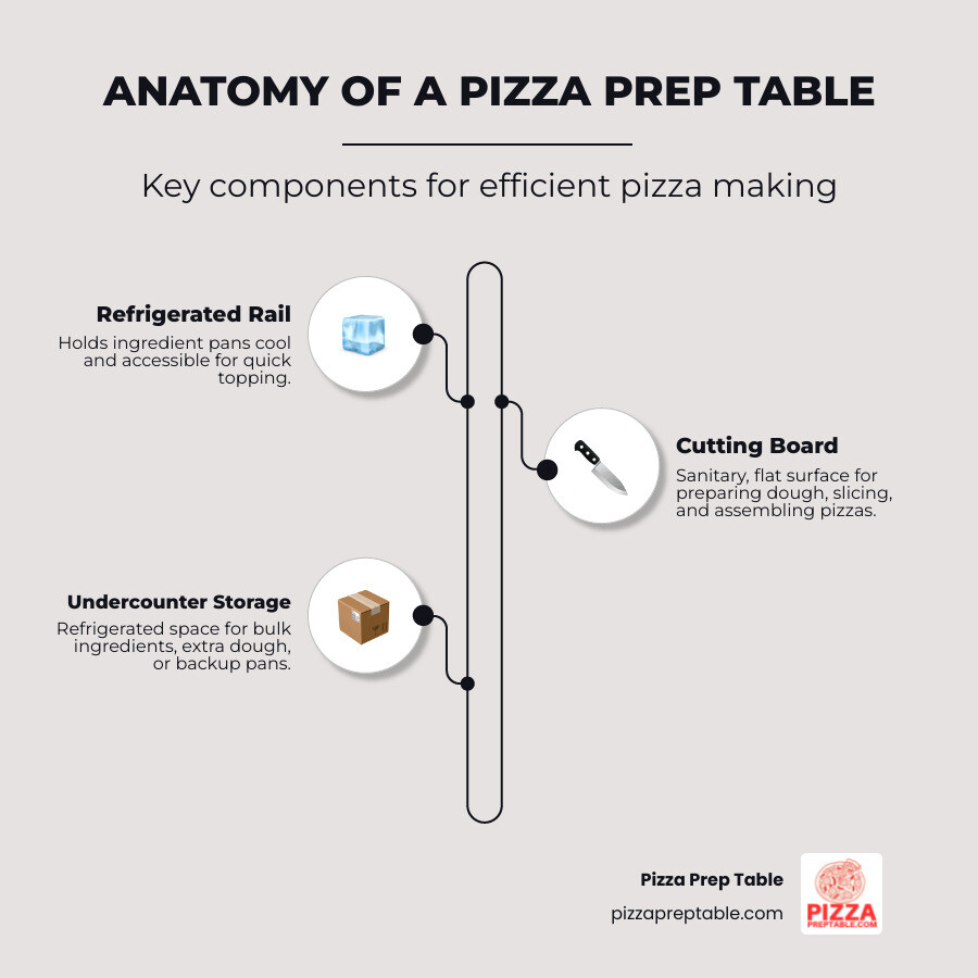 Anatomy of a pizza prep table showing refrigerated rail, cutting board, and undercounter storage - used pizza prep table infographic infographic-line-3-steps-neat_beige Anatomy of a pizza prep table showing refrigerated rail, cutting board, and undercounter storage - used pizza prep table infographic infographic-line-3-steps-neat_beige