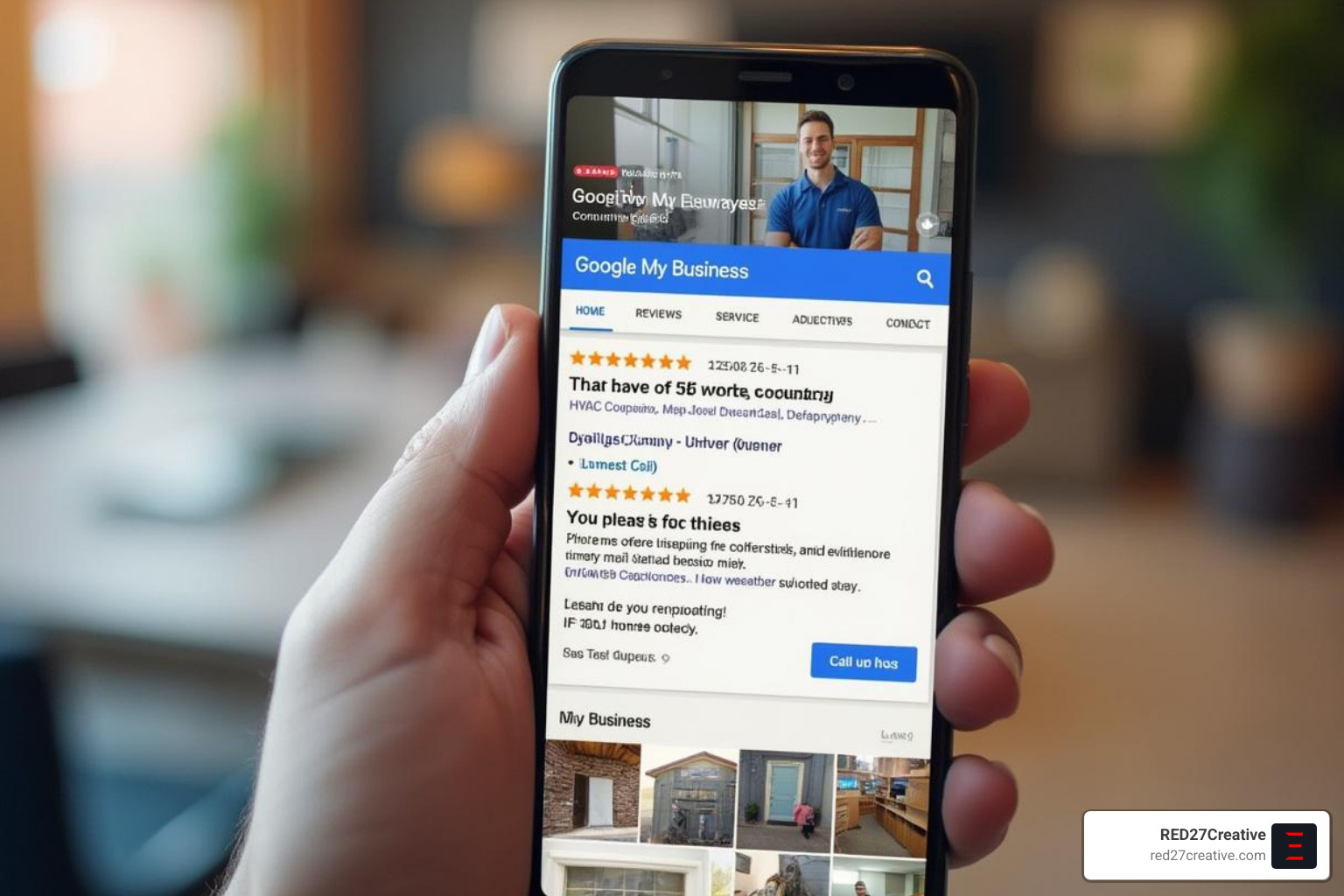 A well-optimized HVAC GMB profile showing positive reviews, diverse photos, and a prominent call button - HVAC Google My Business A well-optimized HVAC GMB profile showing positive reviews, diverse photos, and a prominent call button - HVAC Google My Business