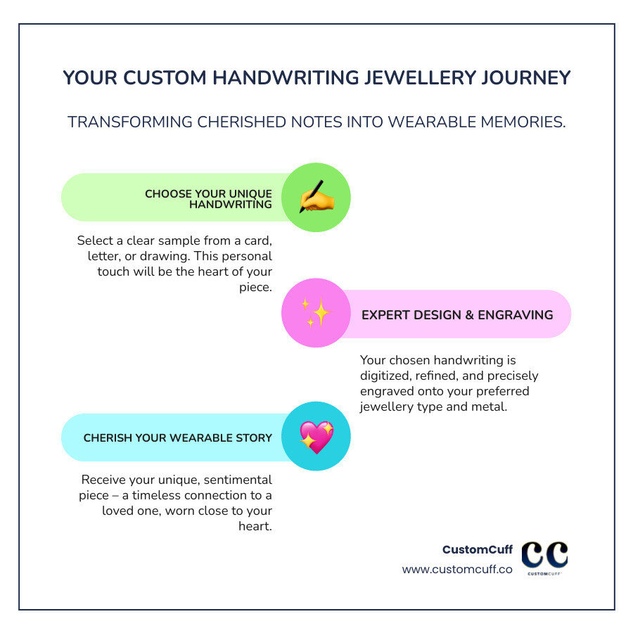 Detailed infographic showing the process of creating engraved handwriting jewellery, from finding a handwritten note to receiving the finished, personalized piece, highlighting key benefits and types - engraved handwriting jewellery infographic infographic-line-3-steps-colors
