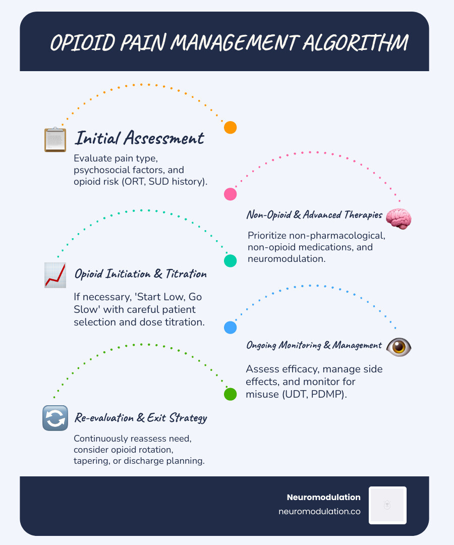 An infographic illustrating the decision-making flow of an opioid pain management algorithm, detailing steps from initial assessment and non-opioid trials to opioid initiation, titration, monitoring for side effects and risks, and eventual tapering or discharge planning. - opioid pain management algorithm infographic infographic-line-5-steps-blues-accent_colors