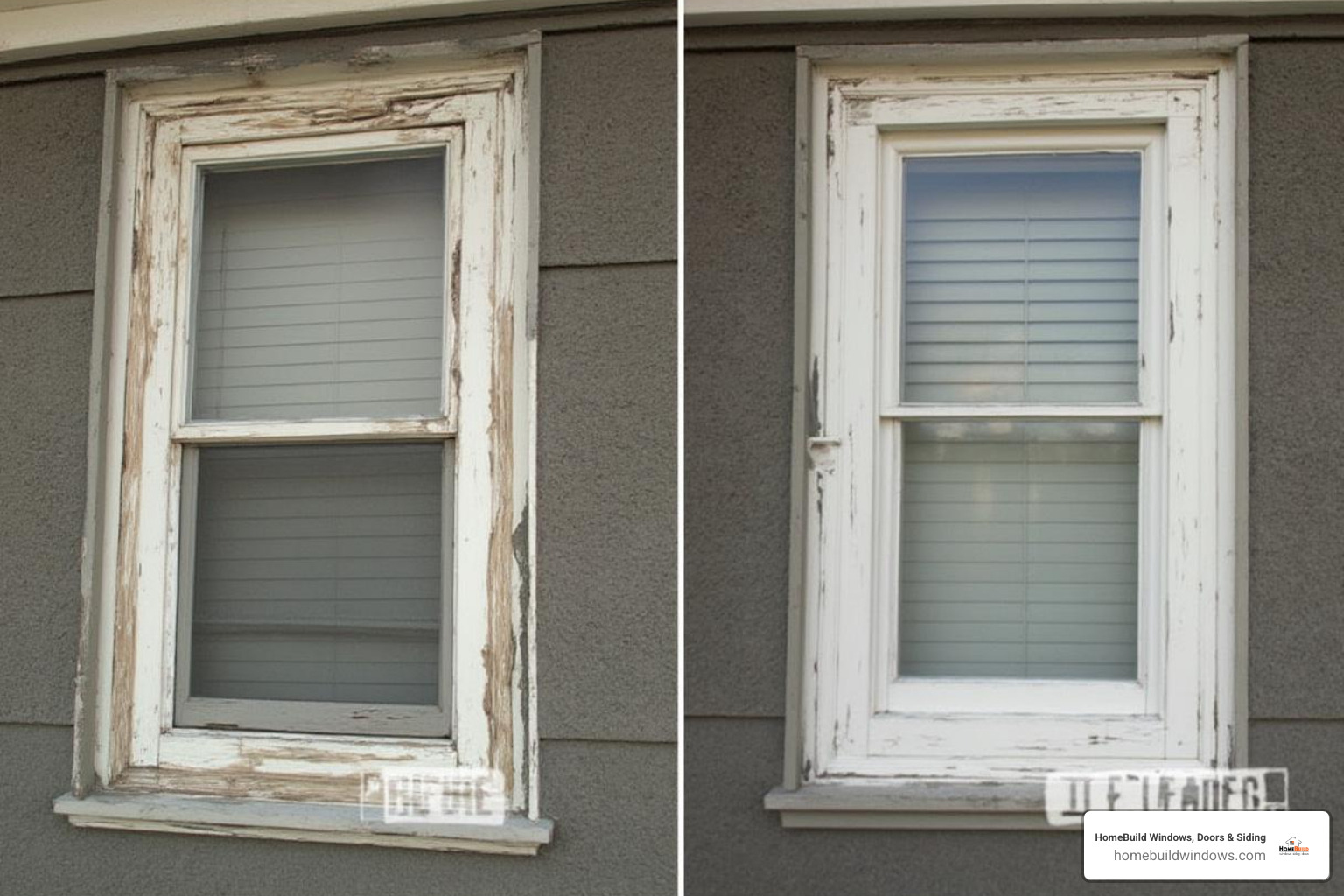 A warped, peeling window frame next to a new, clean one - door and window replacement