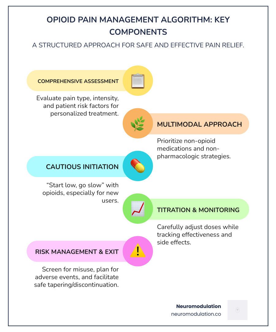 An infographic illustrating a pain management pyramid, with neuromodulation and non-opioid therapies forming the broad base, emphasizing a multimodal approach before and alongside opioid use, and detailing the stages of an opioid pain management algorithm from assessment to monitoring and discharge. - opioid pain management algorithm infographic infographic-line-5-steps-colors