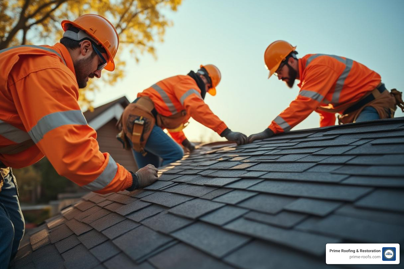 Prime Roofing & Restoration team working on a roof - roof shingles