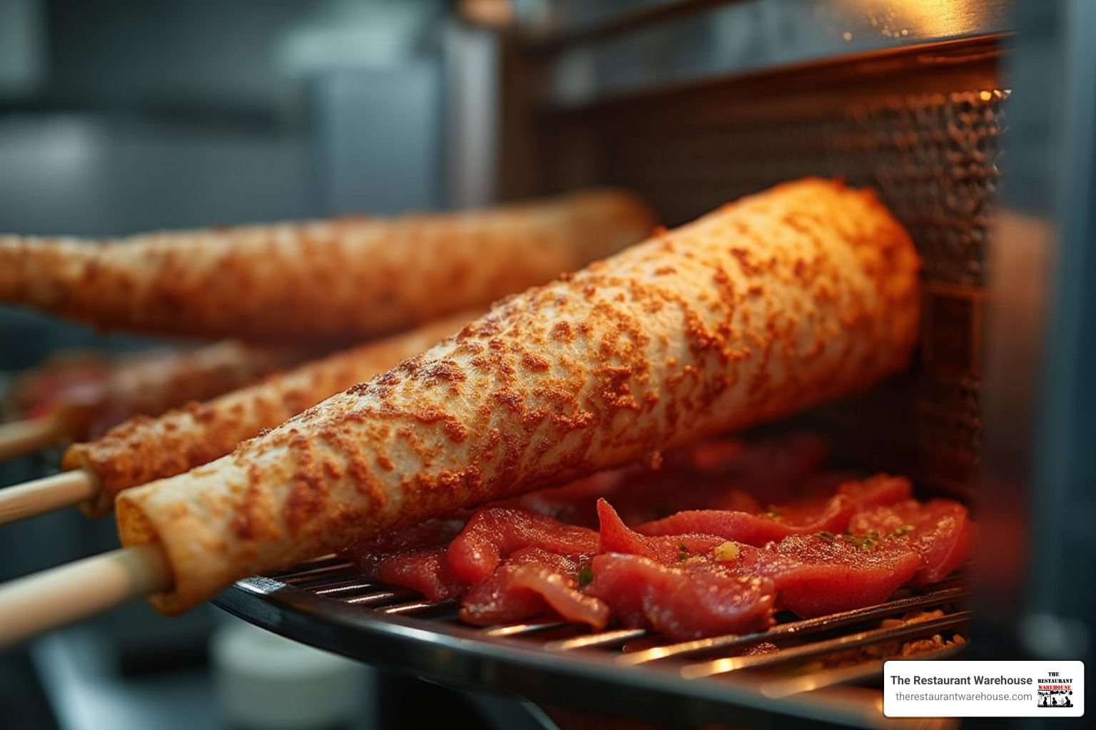 perfectly cooked cone of meat on a vertical broiler - commercial griller machine