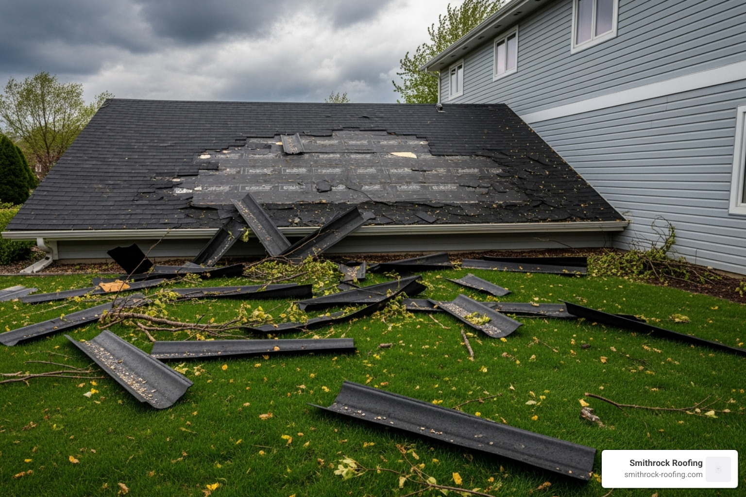 missing shingles on the ground next to a house - wind damage to roof