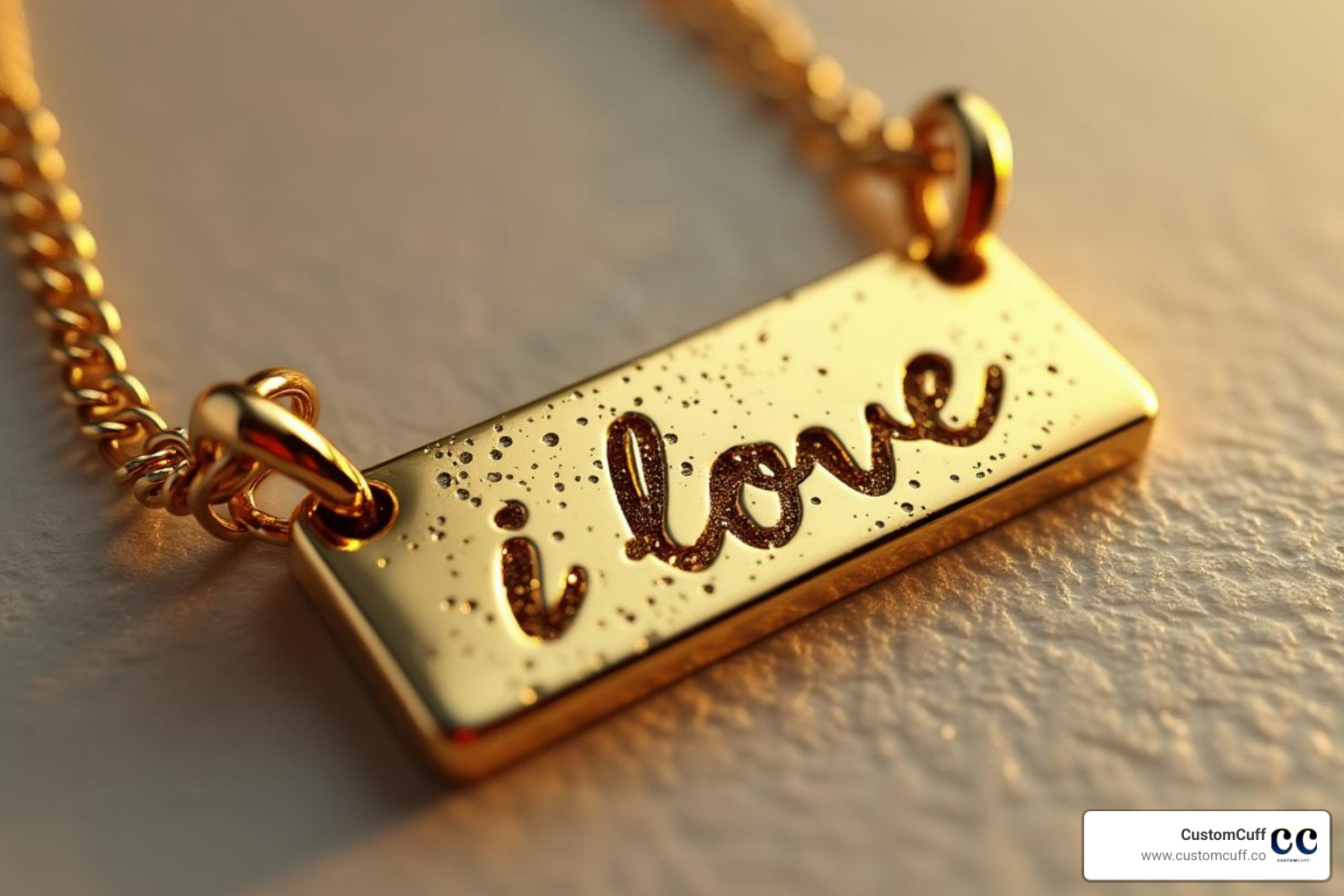 close-up of a gold bar necklace with "I love you" engraved in handwriting - engraved handwriting jewellery