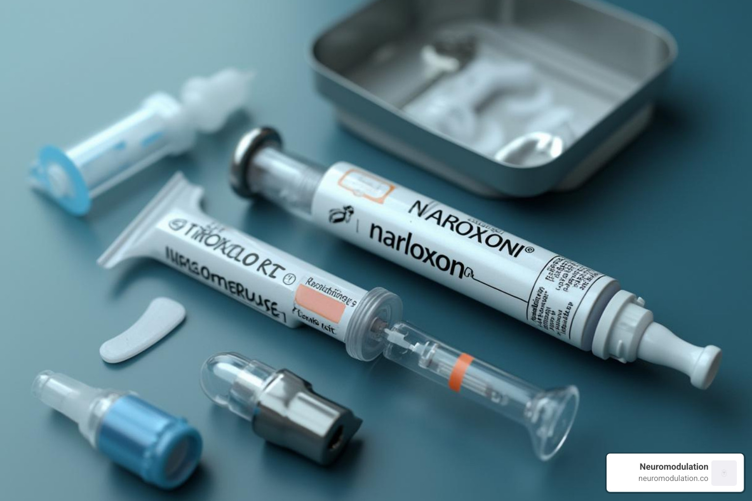 A close-up image of a naloxone nasal spray kit, a life-saving medication used to reverse opioid overdose. - opioid pain management algorithm