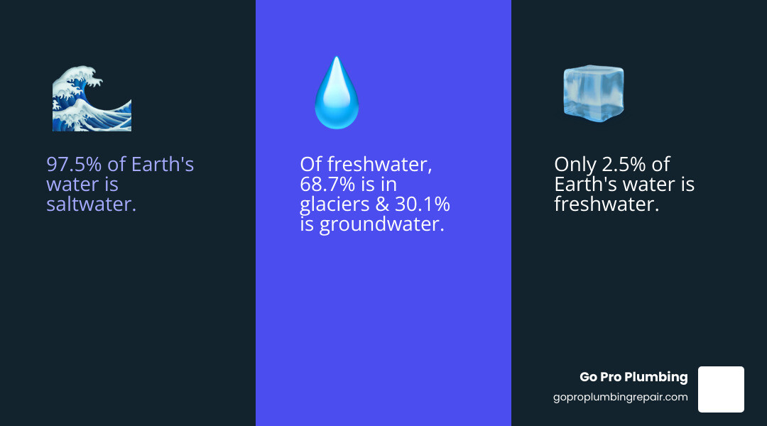 Infographic detailing global water distribution: 97.5% saltwater, 2.5% freshwater, broken down into glaciers (68.7%), groundwater (30.1%), and other freshwater (1.2%) - water resources and conservation infographic 3_facts_emoji_blue