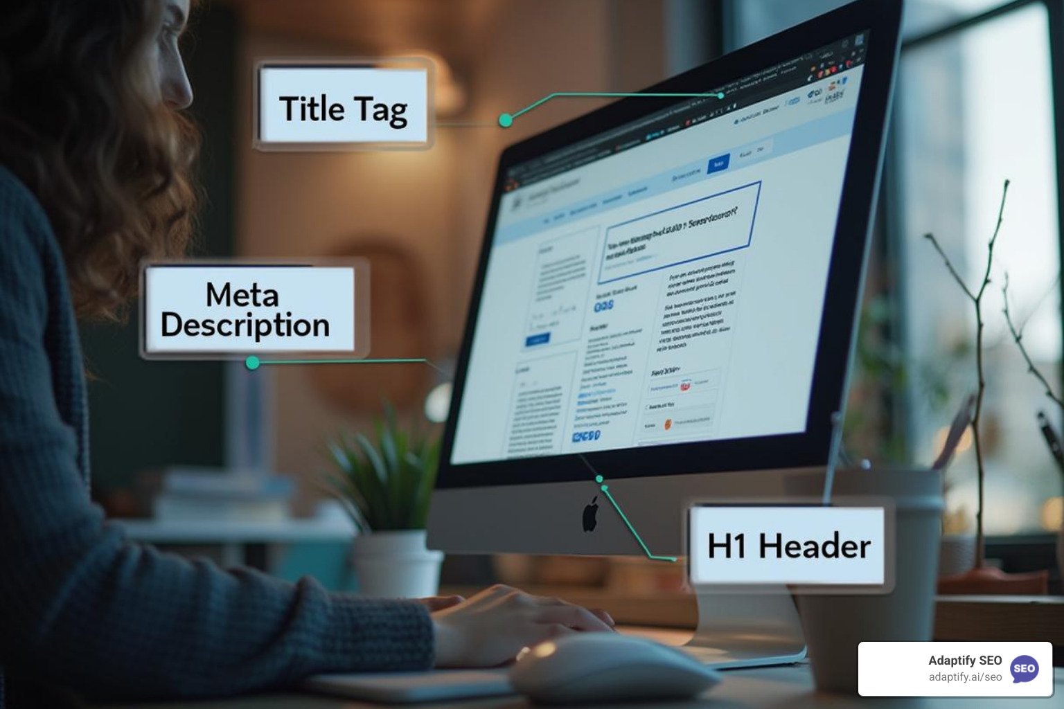 image of a webpage with callouts for title tag, meta description, and H1 header - search engine positioning seo
