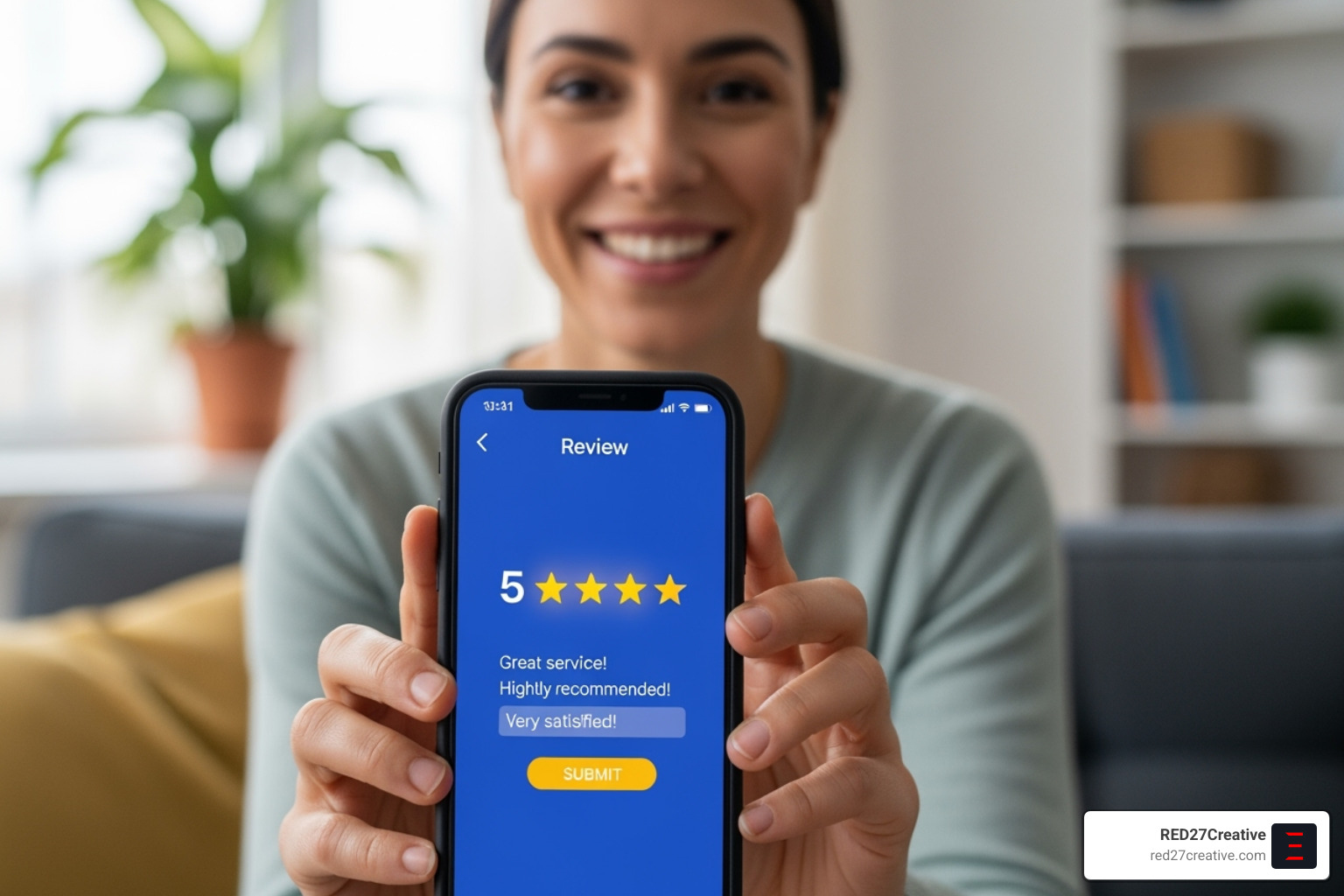 A happy customer is shown on their phone, clearly in the process of leaving a 5-star review for an HVAC company. The phone screen displays a simple, user-friendly interface for submitting reviews on a popular platform. - hvac local seo marketing A happy customer is shown on their phone, clearly in the process of leaving a 5-star review for an HVAC company. The phone screen displays a simple, user-friendly interface for submitting reviews on a popular platform. - hvac local seo marketing