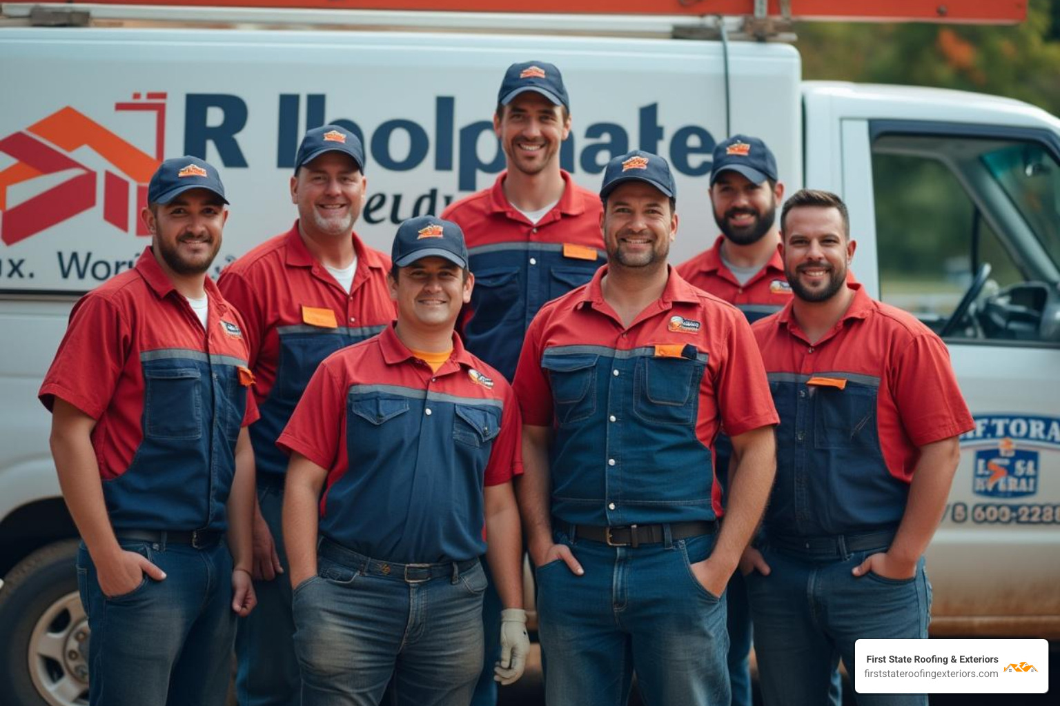 The First State Roofing & Exteriors team standing proudly in front of a branded vehicle, symbolizing local expertise and dedicated service. - roofing Delaware