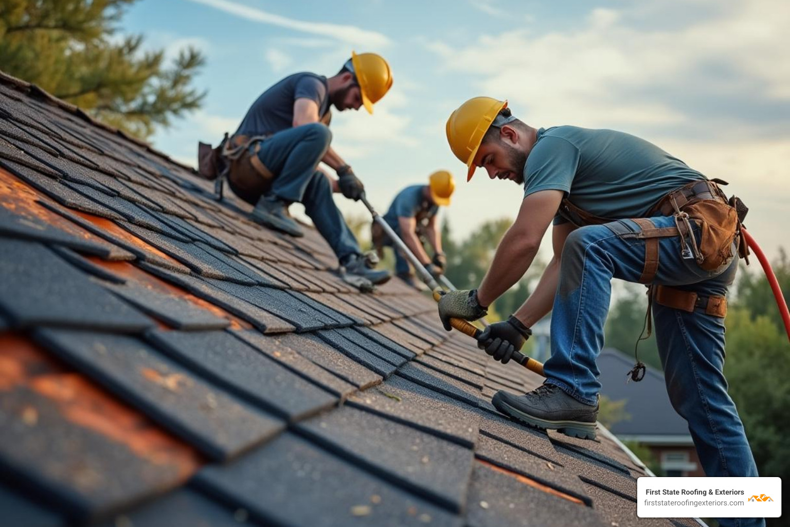 A roofing team working diligently on a roof replacement project, showcasing their expertise and efficiency. - roofing Delaware