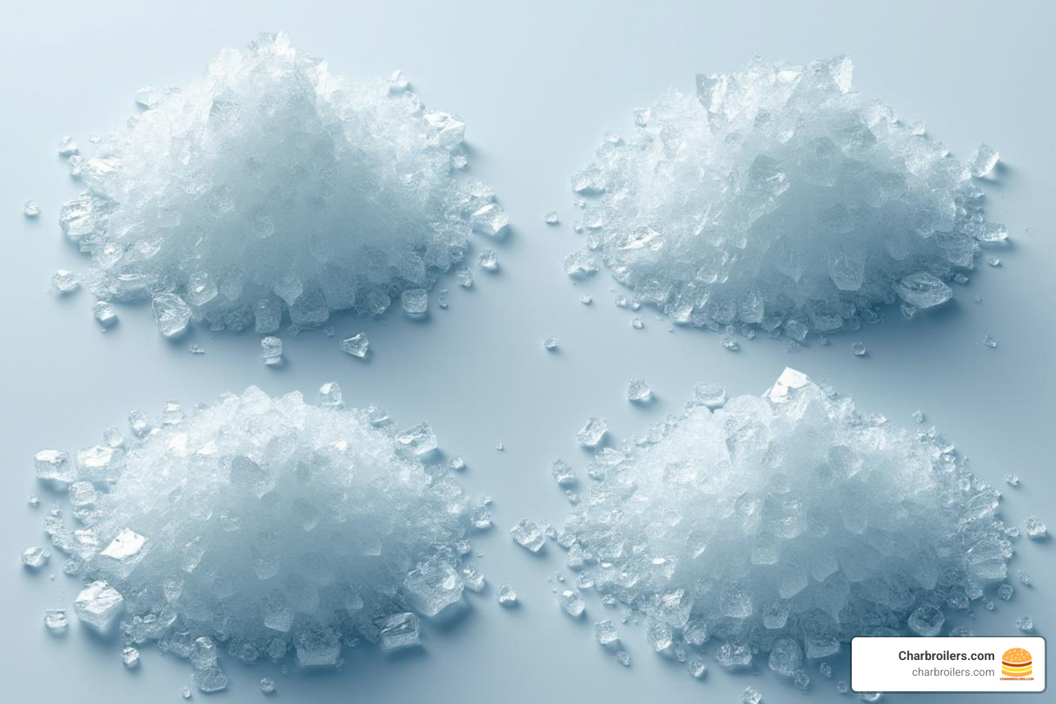 Different types of ice: full cube, half cube, nugget, and flake - commercial ice machine rental