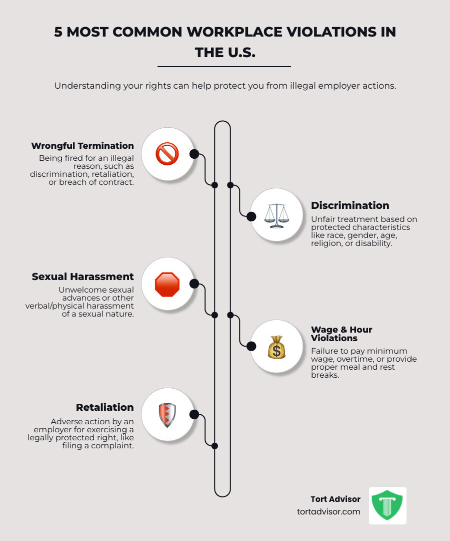 Infographic detailing the 5 most common types of workplace violations in the U.S.: Wrongful Termination, Discrimination, Sexual Harassment, Wage & Hour Violations, and Retaliation - employment law attorney infographic infographic-line-5-steps-neat_beige