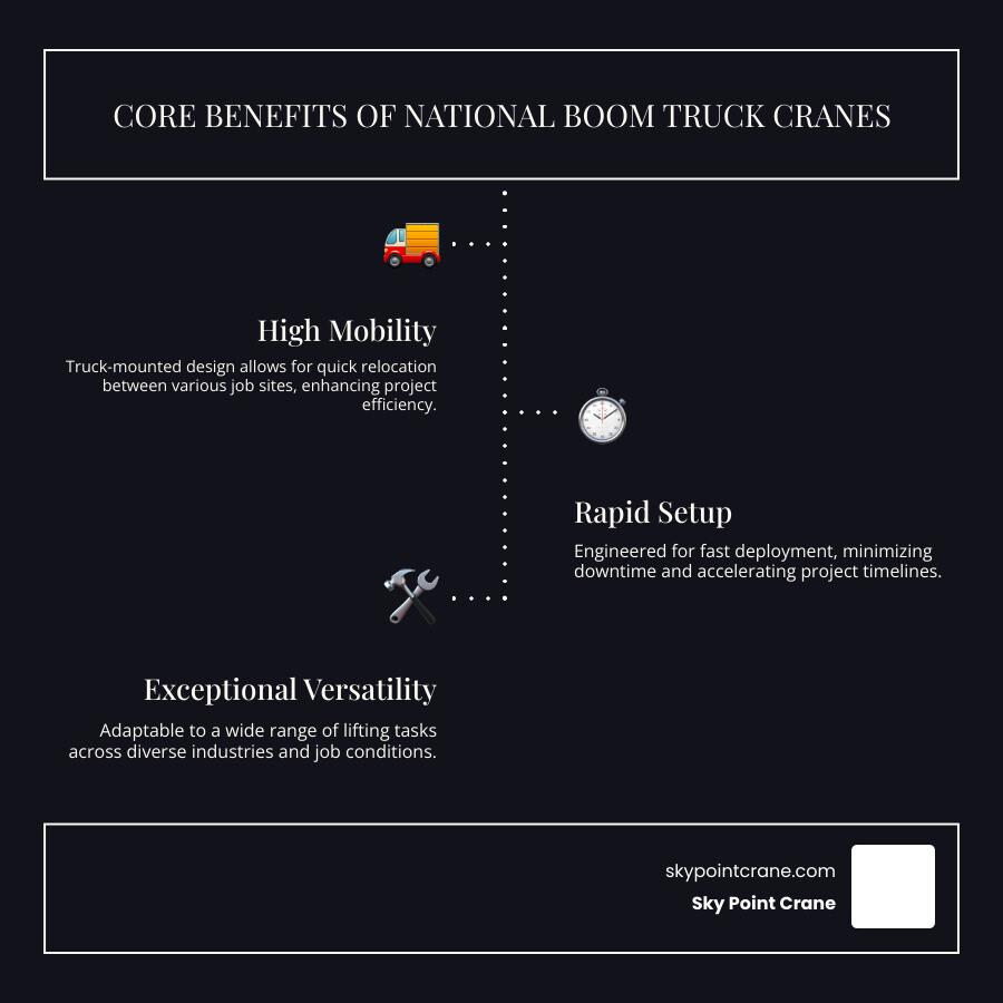 Infographic showing mobility, quick setup, and versatility of boom trucks - national boom truck crane infographic infographic-line-3-steps-dark