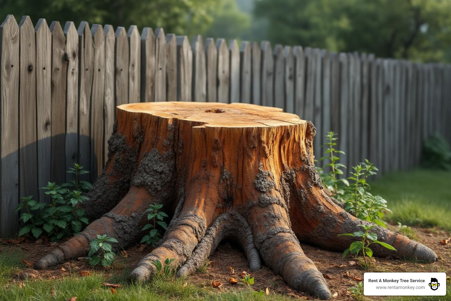 large, difficult-to-access stump near a fence - cost of a stump grinder machine