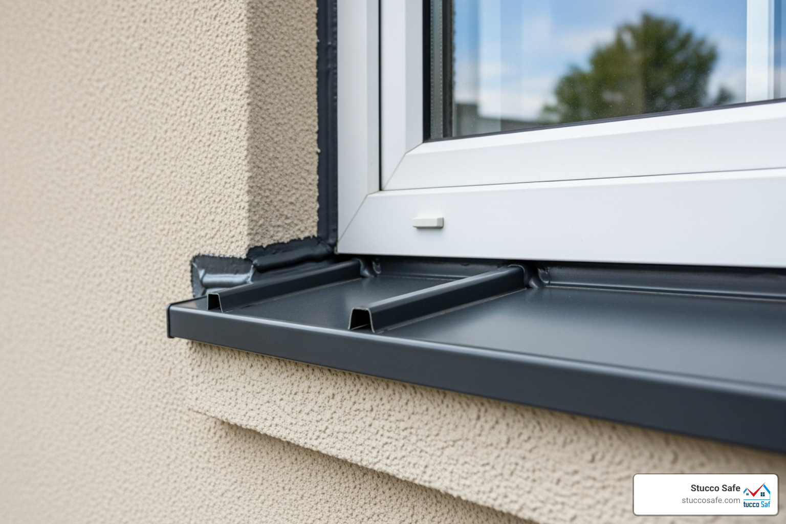 close-up of correctly installed flashing around a window - stucco installer