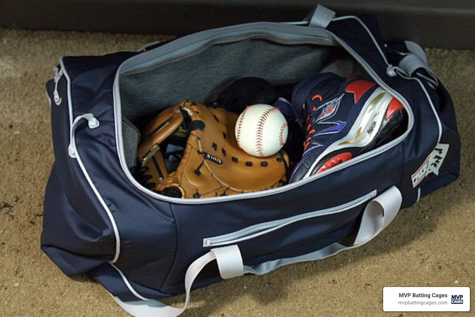 a player's gear bag with a glove, ball, and cleats - pitching camps near me
