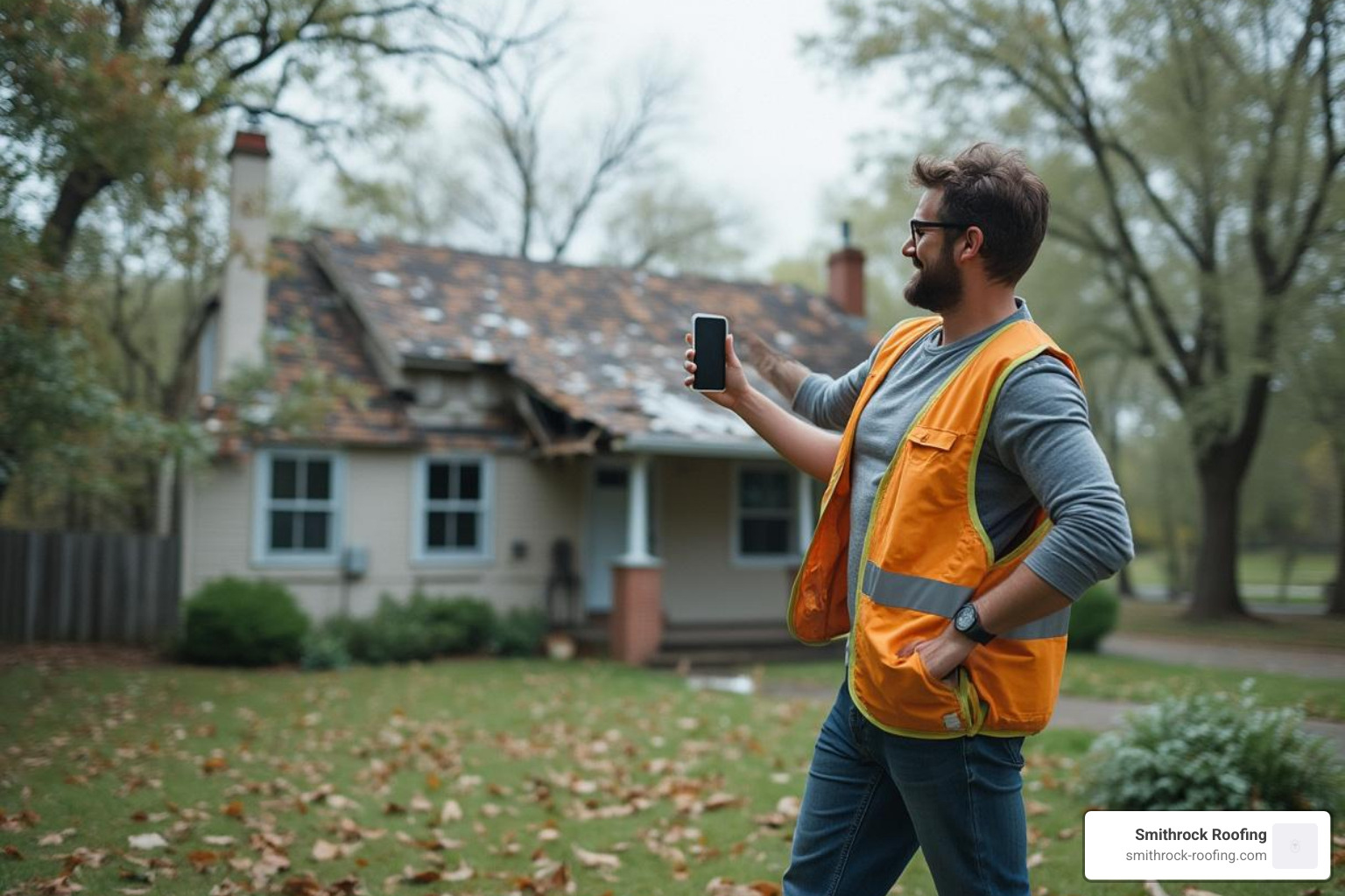 a homeowner safely taking photos of roof damage from the ground - wind damage to roof