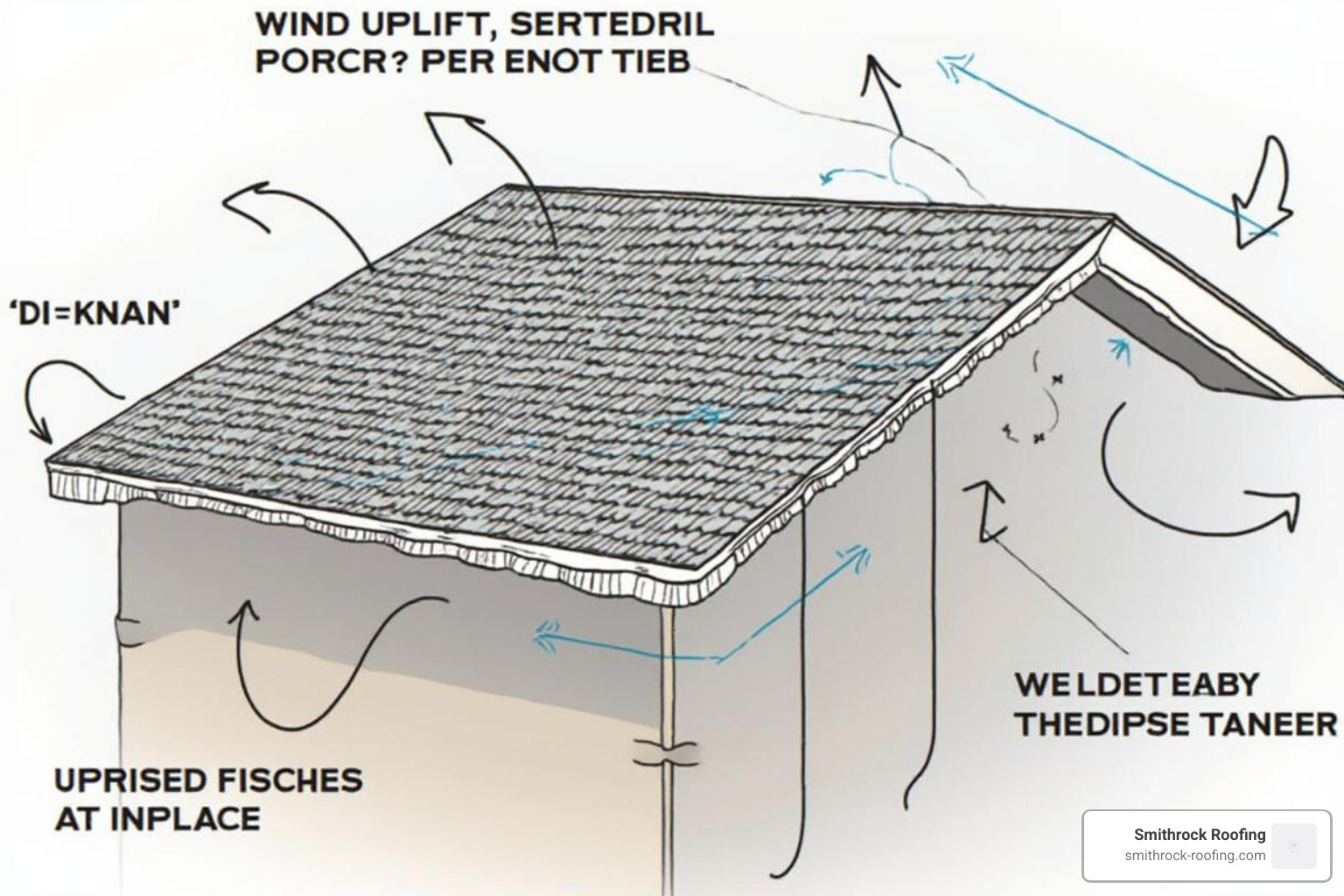 image illustrating wind uplift pressure on a roof's corner and eaves - wind damage to roof