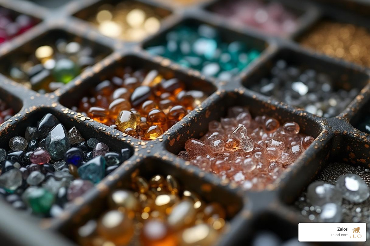 Tray with various loose gemstones and metal samples - Custom design process Tray with various loose gemstones and metal samples - Custom design process