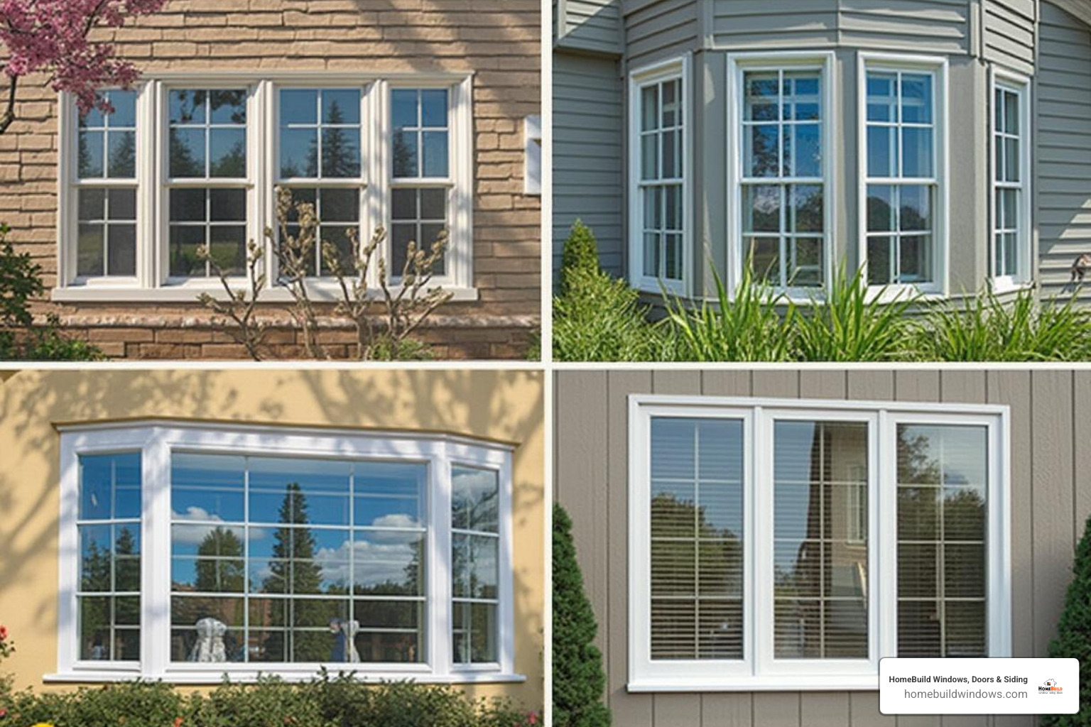 collage showing various window styles like casement, double-hung, bay, and sliding windows - window fitters near me