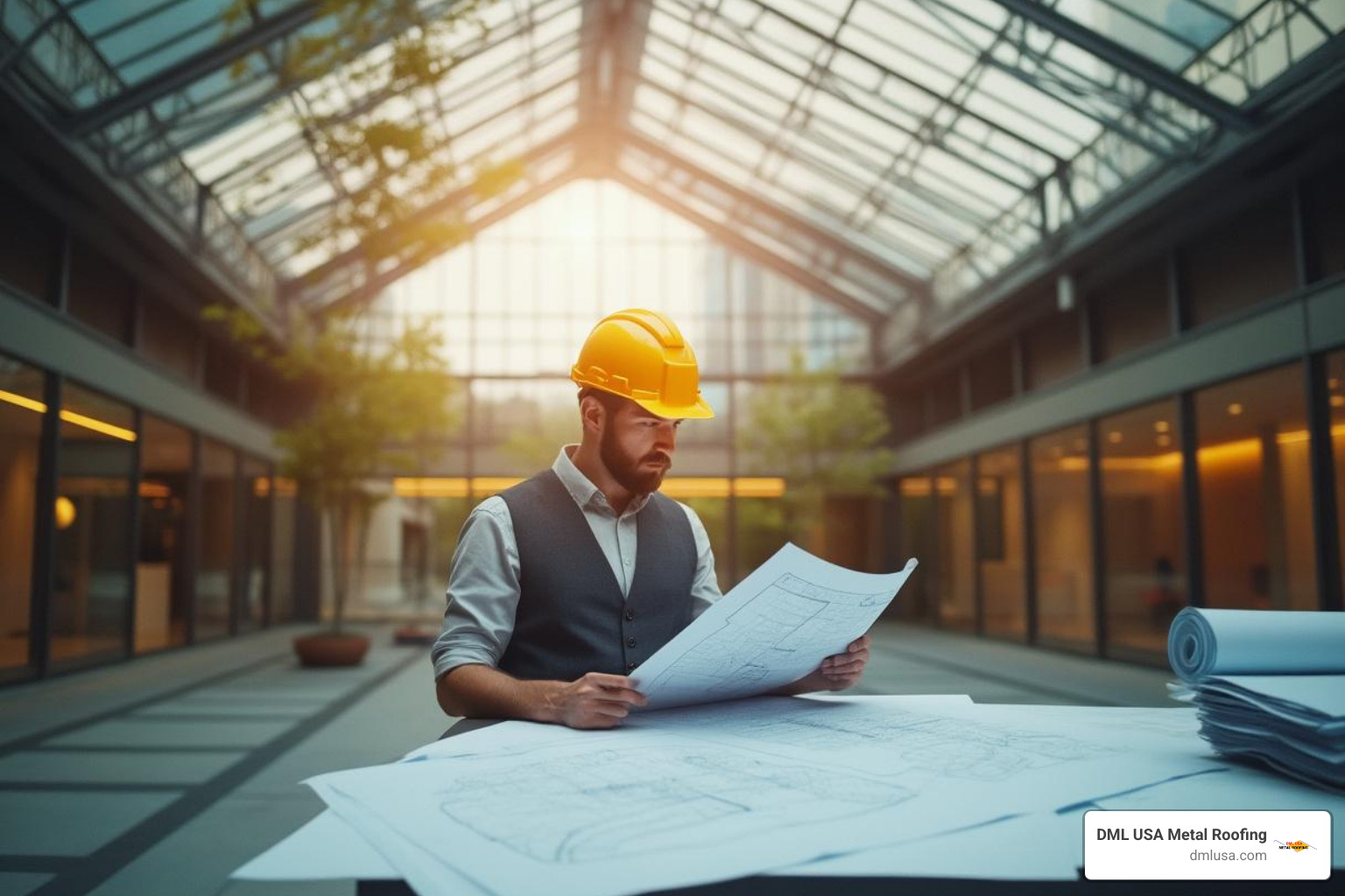 Image of an architect reviewing glass roof blueprints - glass roof manufacturers usa