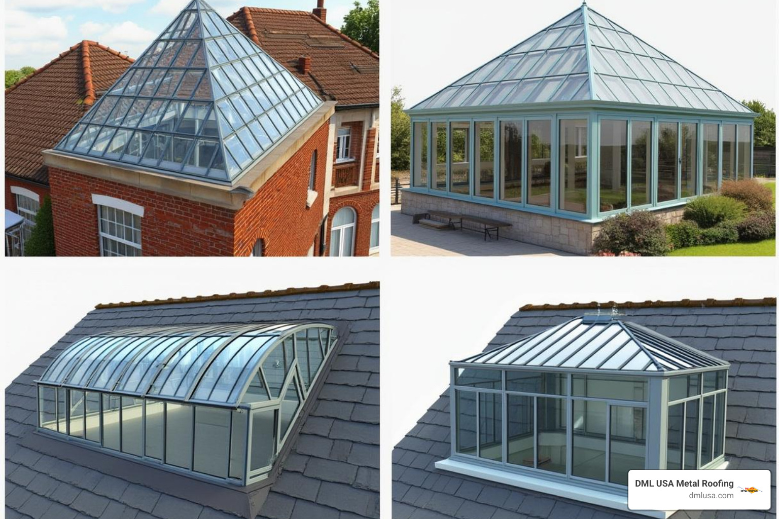 Image showcasing different glass roof styles like pyramids, barrel vaults, and lanterns - glass roof manufacturers usa