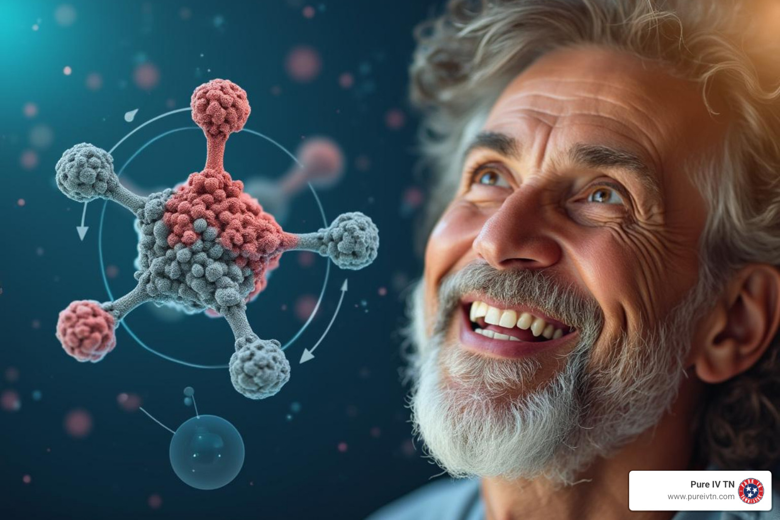 A vibrant, healthy person next to a diagram of a glutathione molecule - glutathione iv weight loss