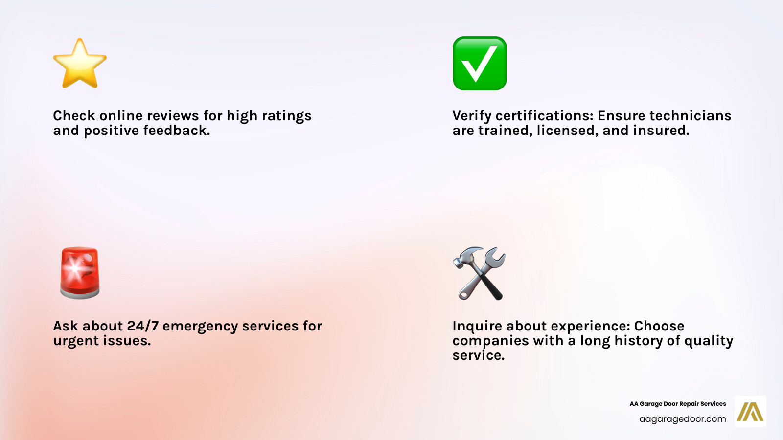 Infographic detailing key steps to find a reliable roll-up door service provider, including checking reviews, verifying licenses and certifications, inquiring about emergency services, and confirming insurance coverage. - roll up door service near me infographic 4_facts_emoji_light-gradient