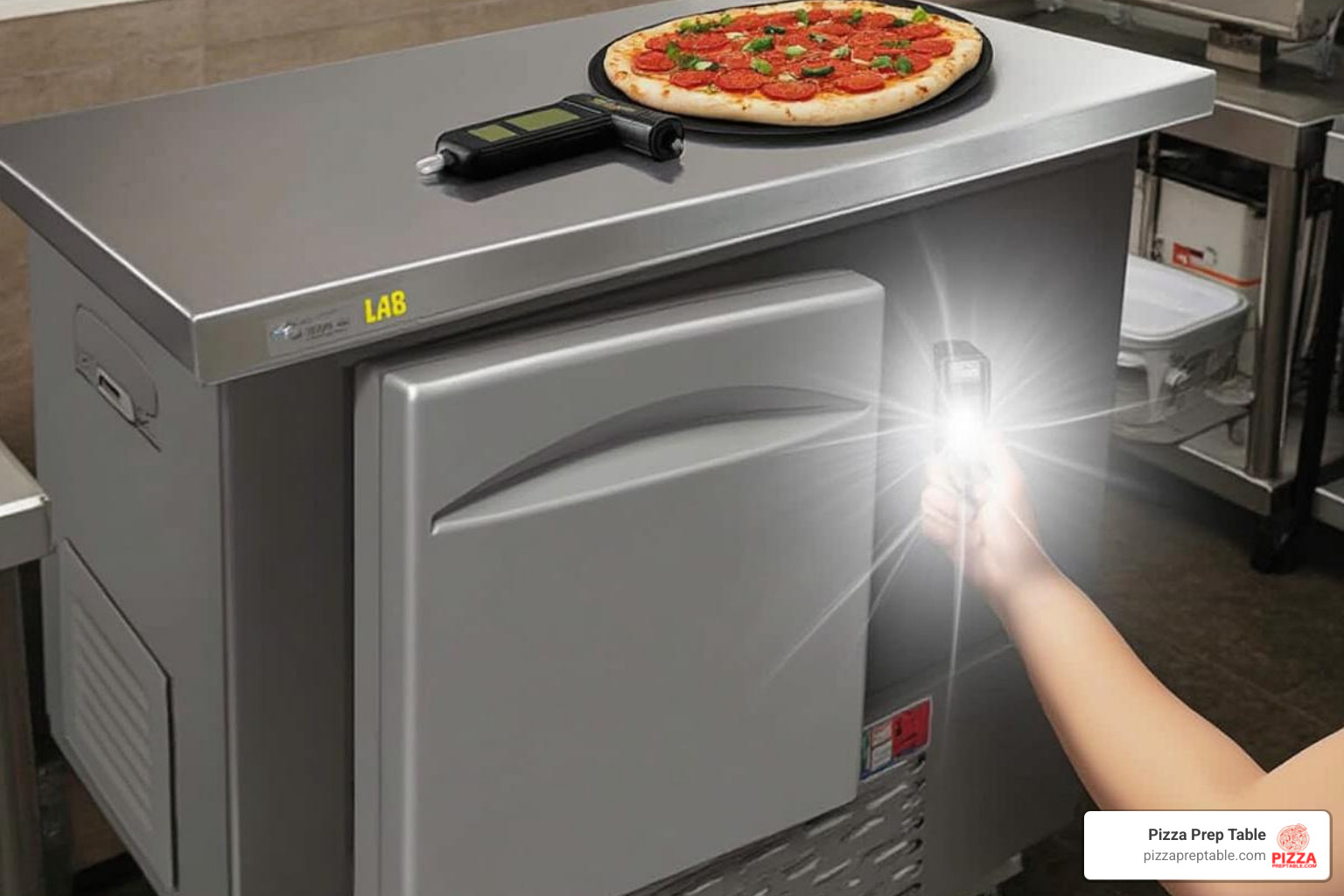 person inspecting the compressor unit of a pizza prep table with a flashlight - used pizza prep table person inspecting the compressor unit of a pizza prep table with a flashlight - used pizza prep table