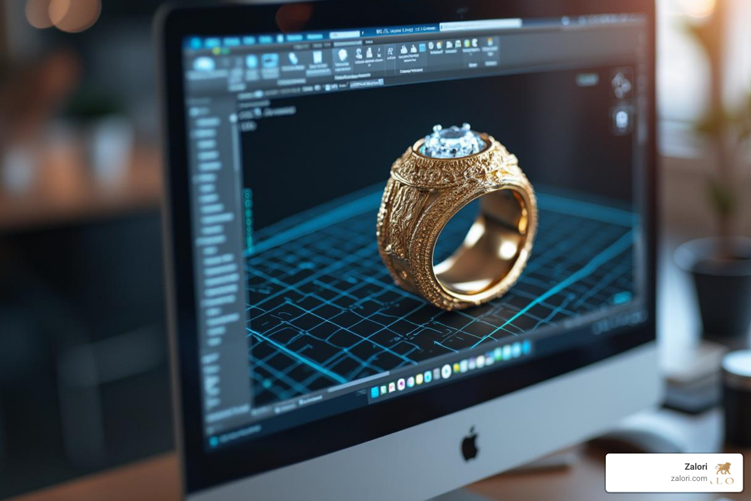CAD software screen showing a 3D ring model - Custom design process CAD software screen showing a 3D ring model - Custom design process