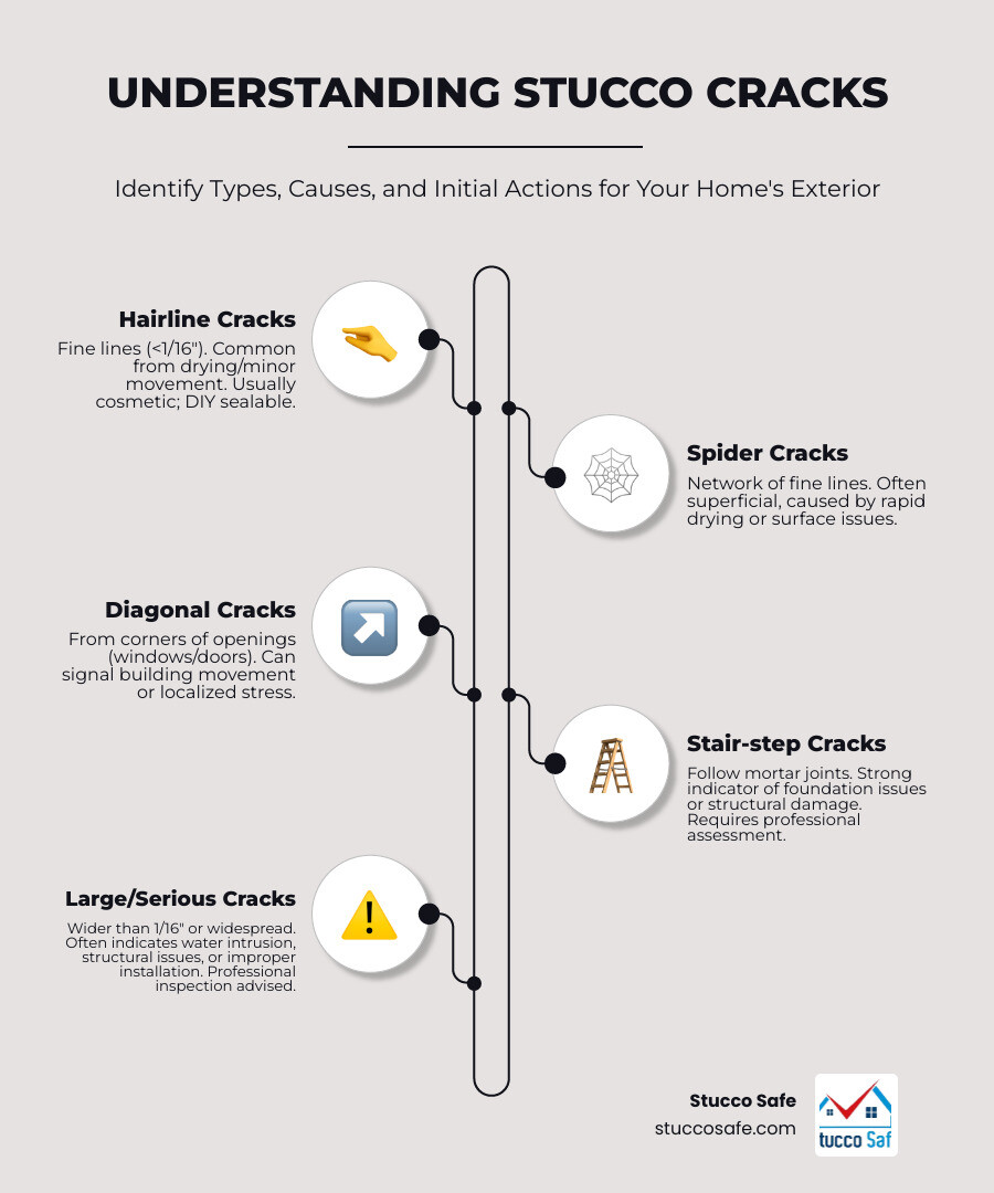 Detailed infographic explaining the types of stucco cracks, their common causes, and initial recommended actions based on crack size and severity. - stucco cracks infographic infographic-line-5-steps-neat_beige