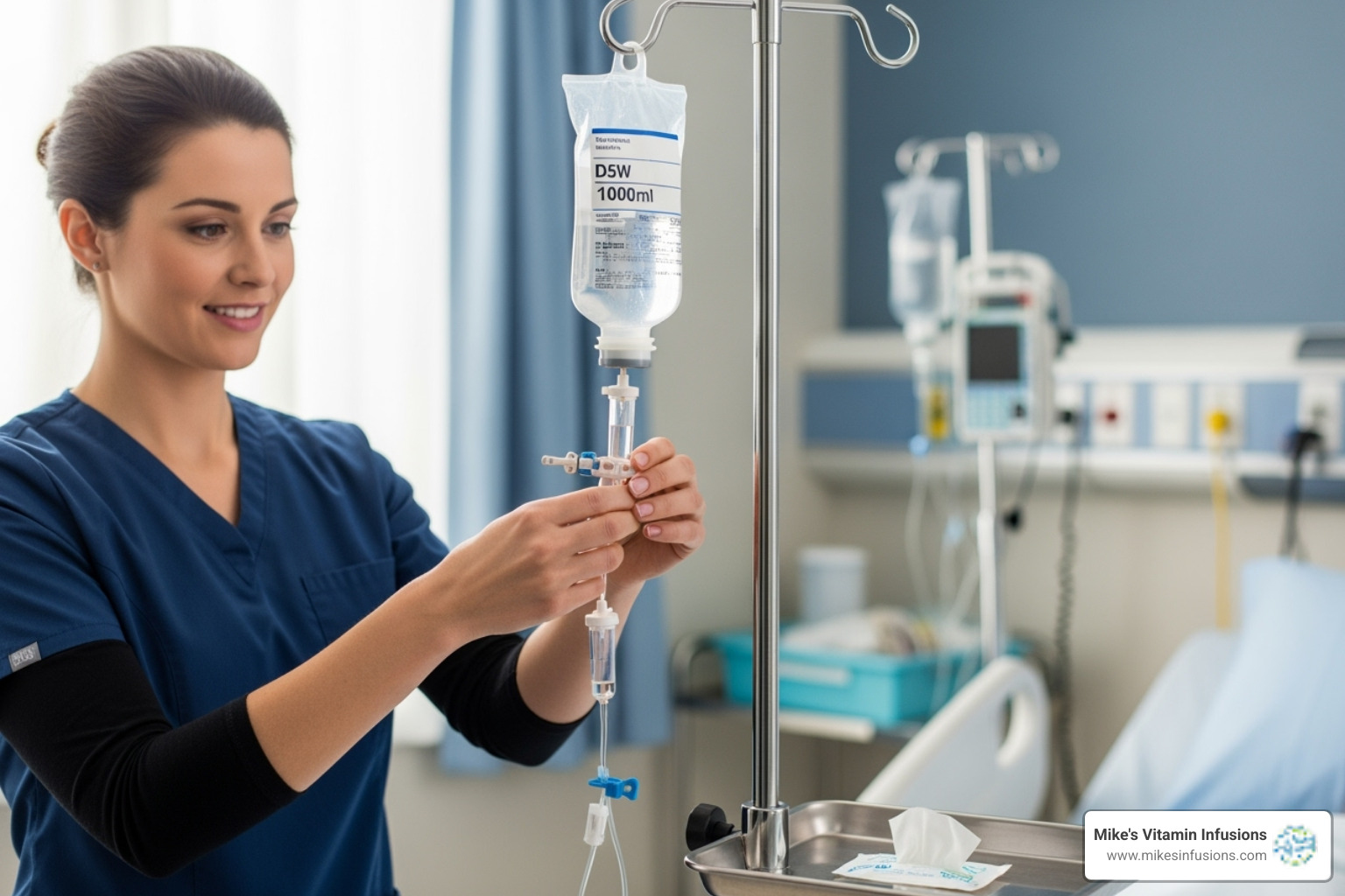 A friendly, professional nurse preparing an IV drip in a clean environment - best iv therapy near me