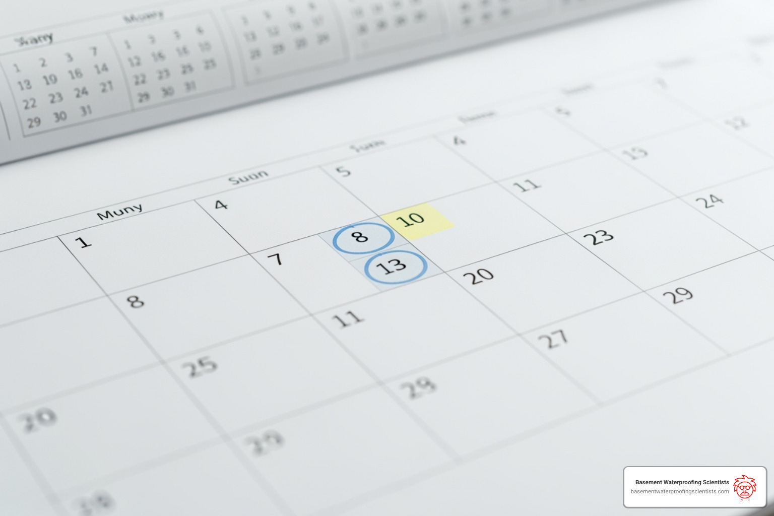 calendar with 3-5 day block marked for Foundation Repair - foundation crack repair near me