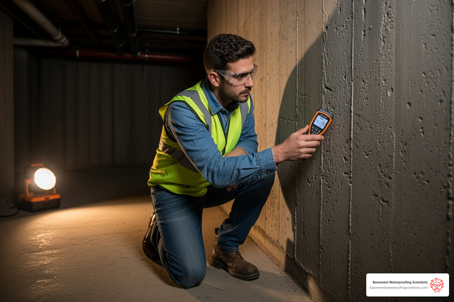 An inspector using a tool to measure moisture in a concrete wall - Basement waterproofing free estimate