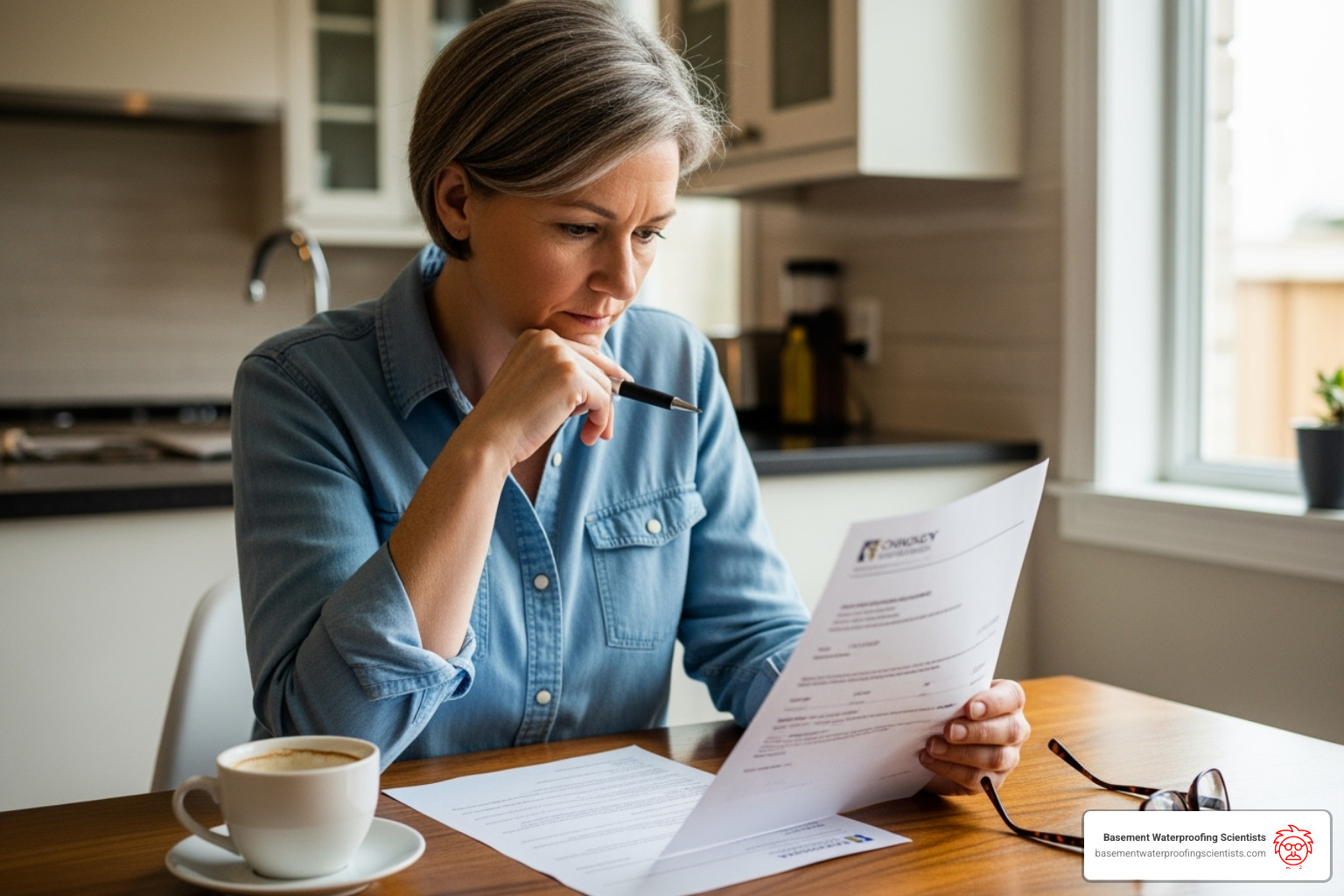 A homeowner reviewing a printed estimate document at their kitchen table - Basement waterproofing free estimate