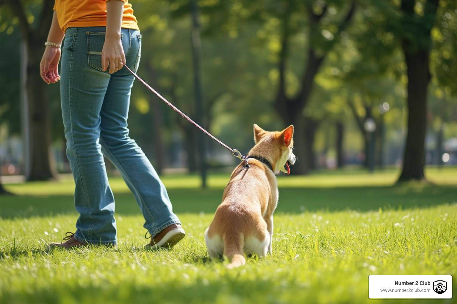 a person walking a dog in a clean, sunny park; responsible pet ownership; community etiquette; dog walking - picking up dog poop