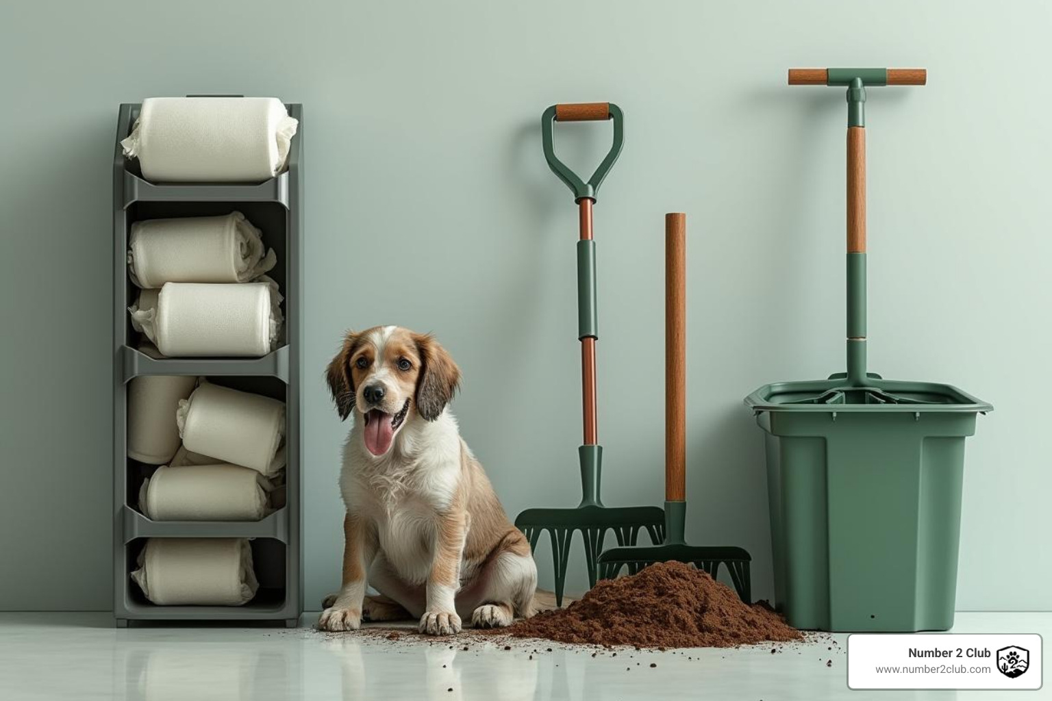 various poop pick-up tools like bags on a dispenser, a claw scooper, and a rake/bin scooper - picking up dog poop