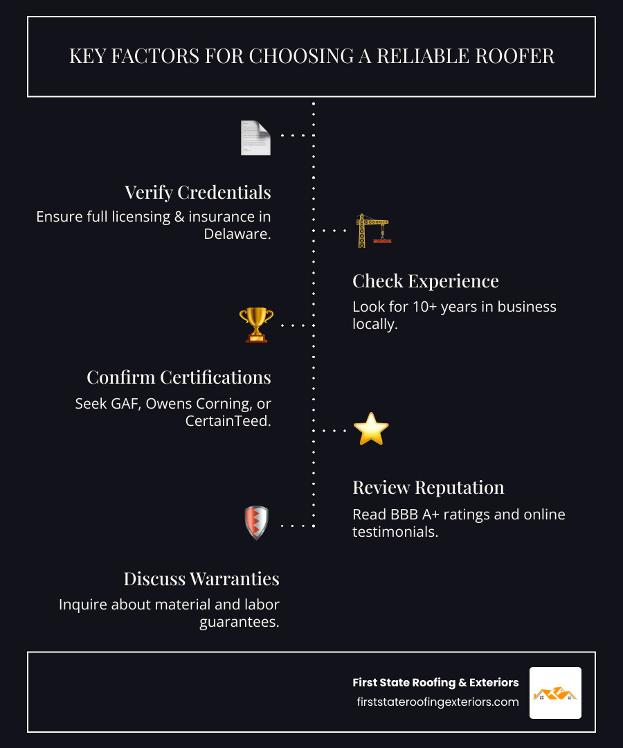 Infographic detailing key factors for choosing a reliable roofing contractor in Delaware, including checking licenses, insurance, experience, certifications, customer reviews, and warranties. - roofing Delaware infographic infographic-line-5-steps-dark