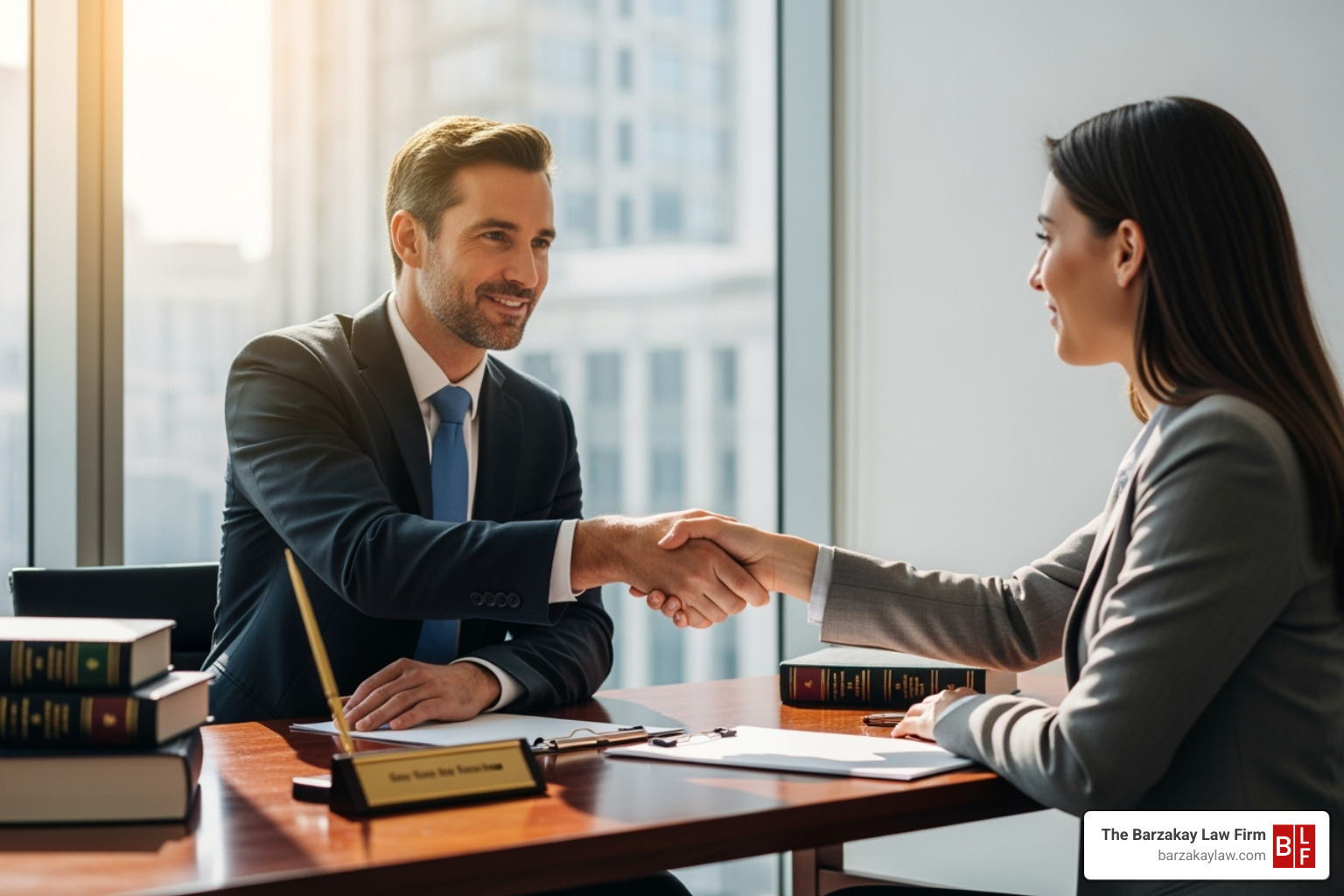 a lawyer and client shaking hands in an office setting - motorcycle crash injury lawyer