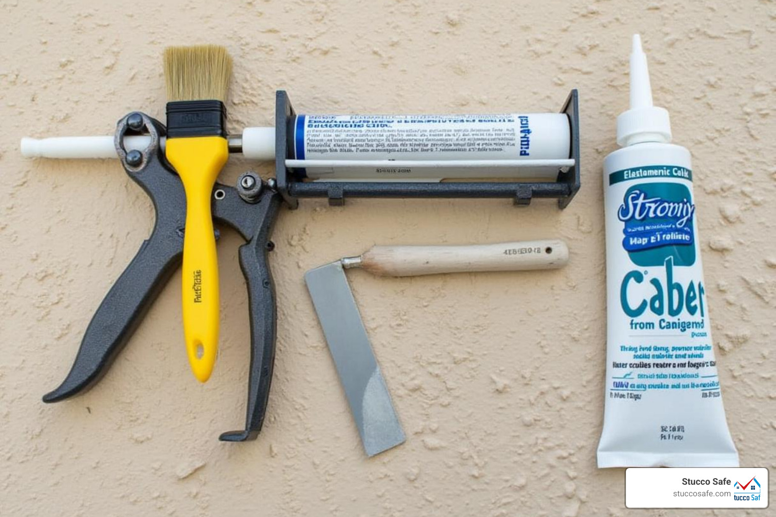 DIY tools for stucco repair (caulking gun, putty knife, brush, elastomeric caulk) - stucco cracks
