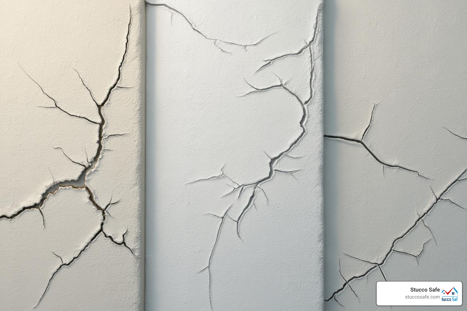 Different stucco crack types side-by-side (hairline, spider, diagonal) - stucco cracks