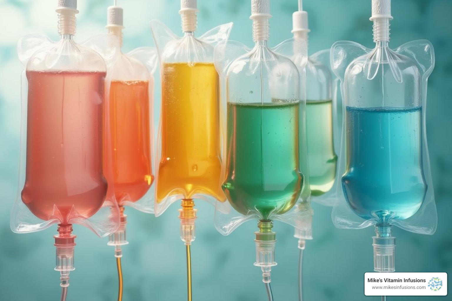 Different IV bags with labels like 