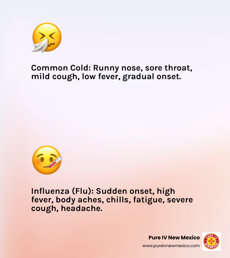Infographic comparing symptoms of the common cold (runny nose, sore throat, mild cough, low fever, gradual onset) versus the flu (sudden onset, high fever, body aches, chills, fatigue, severe cough, headache) - cold relief at home infographic 2_facts_emoji_light-gradient